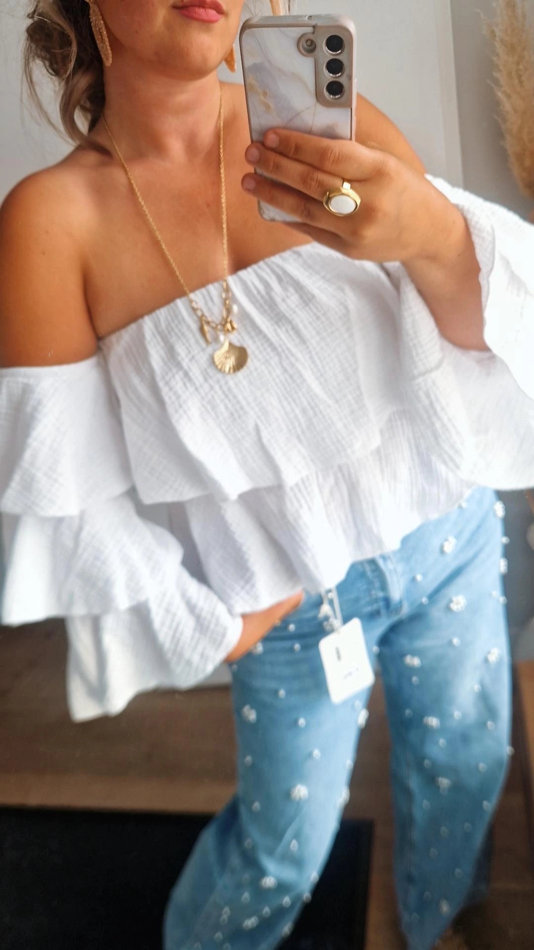 Off shoulder laagjes top wit