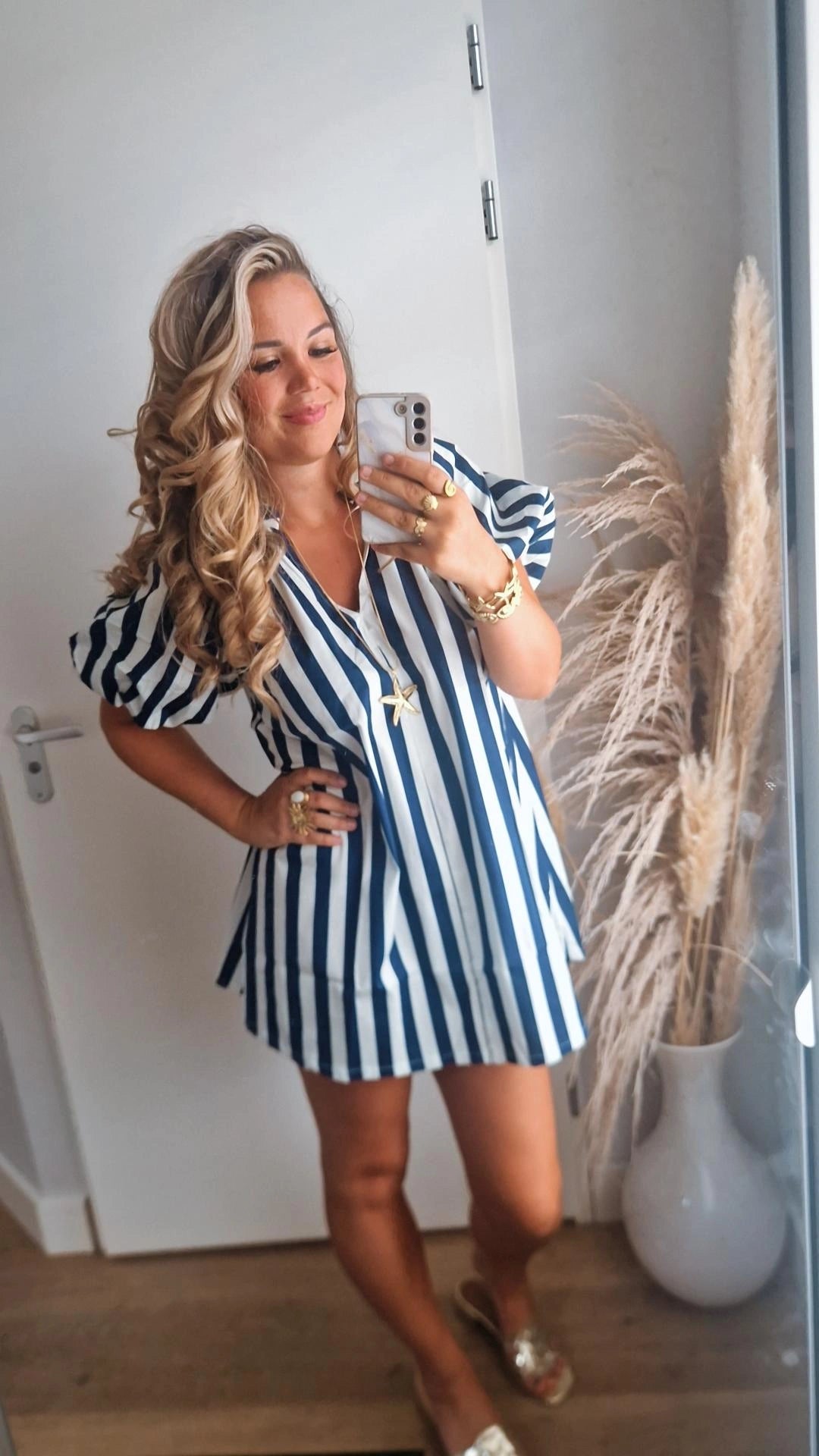 Jurk blauw/wit